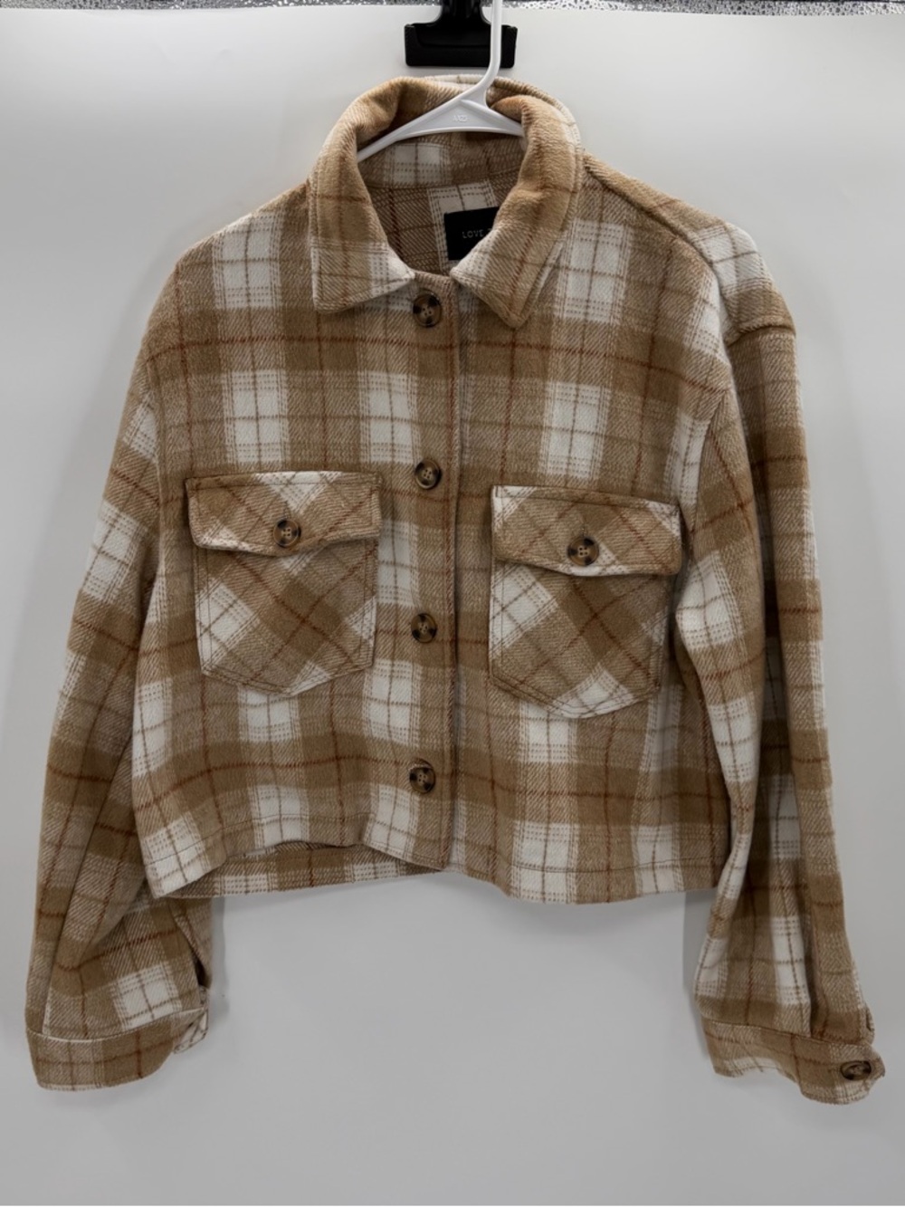 Love Tree Women’s Cropped Plaid Shacket Tan Beige Size L